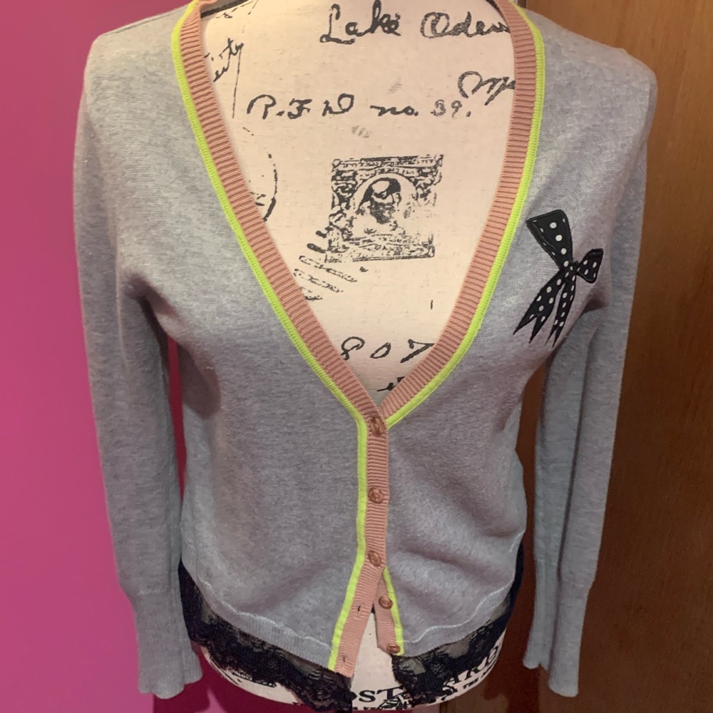 Princess Vera Wang Gray Cardigan with Bow and Contrast Trim
